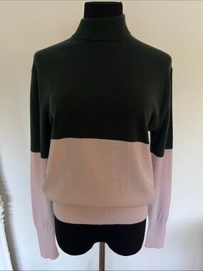 Tory Sport Cashmere Blend Dark Green and Light Pink Colorblock Mock Neck Sweater